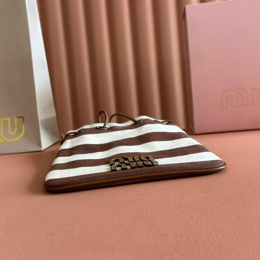 MIUMIU 26S BUCKET BAG 23 IN CREAM AND BROWN CANVAS GOLD HARDWARE