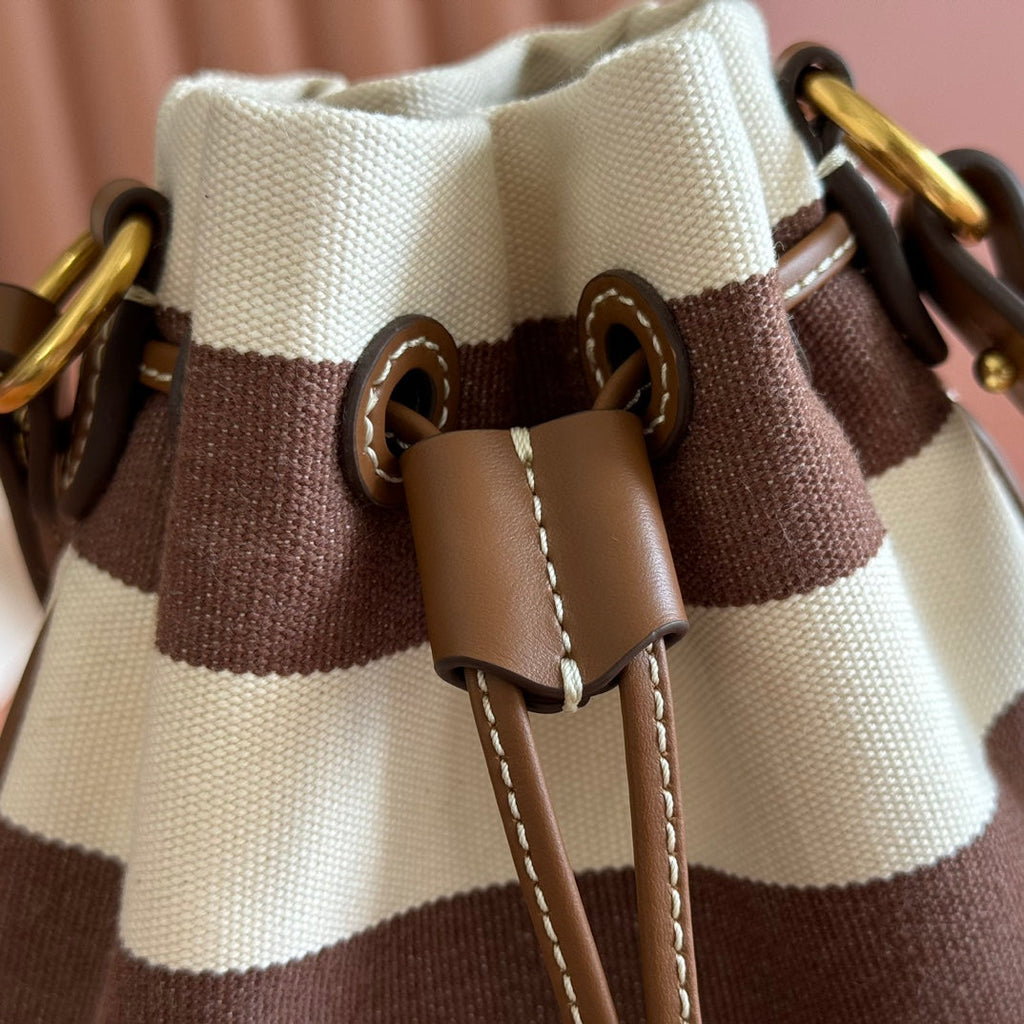 MIUMIU 26S BUCKET BAG 23 IN CREAM AND BROWN CANVAS GOLD HARDWARE
