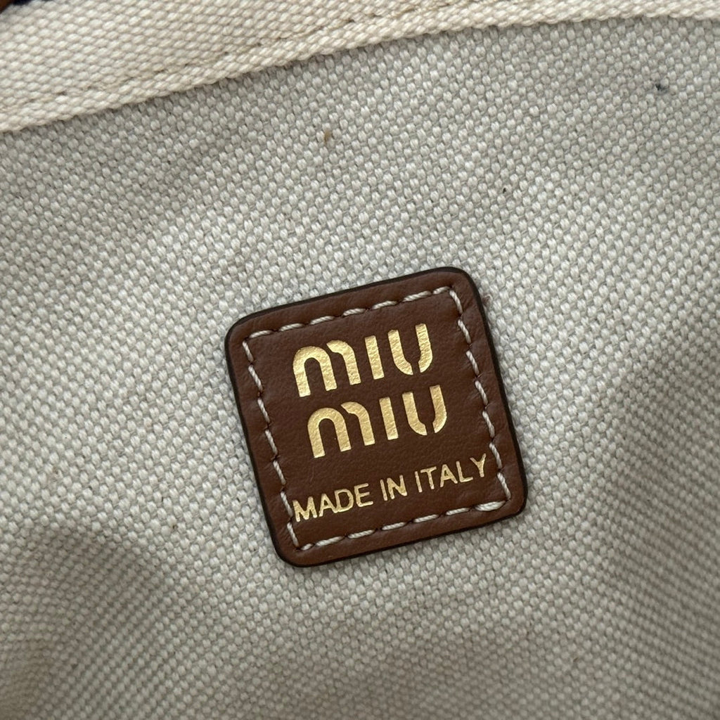 MIUMIU 26S BUCKET BAG 23 IN CREAM AND NAVY BLUE CANVAS GOLD HARDWARE