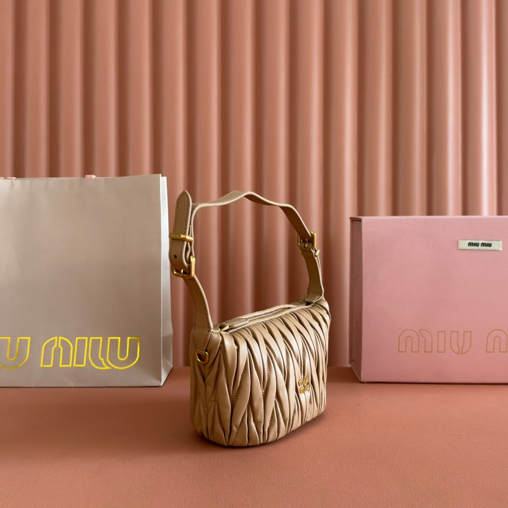 MIUMIU 26S POUCH BAG 15 IN DARK BEIGE CALFSKIN GOLD HARDWARE