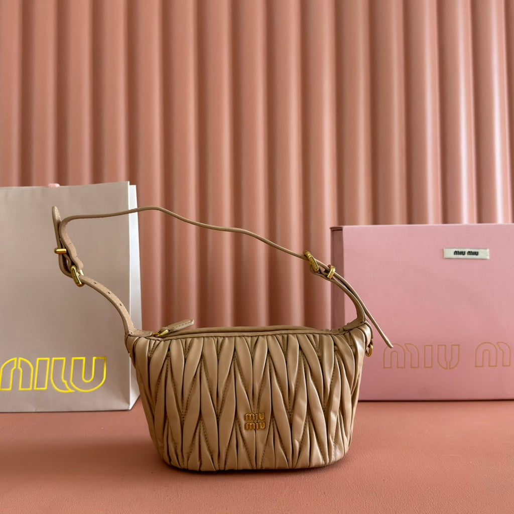 MIUMIU 26S POUCH BAG 15 IN DARK BEIGE CALFSKIN GOLD HARDWARE
