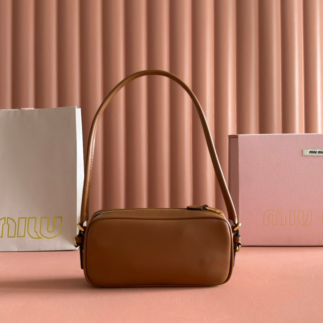 MIUMIU 26S POUCH BAG 20 IN TAN BROWN CALFSKIN GOLD HARDWARE