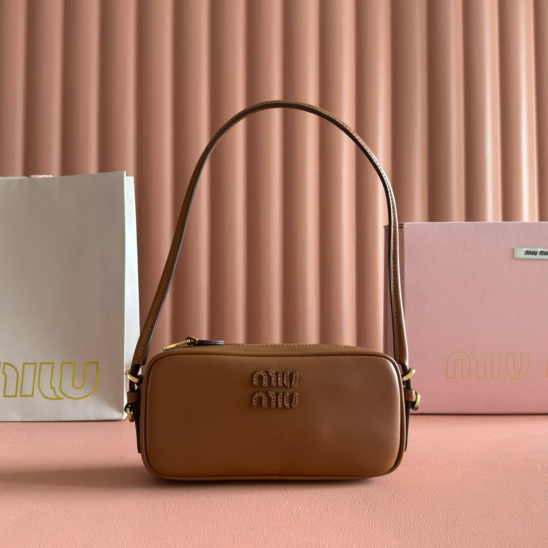 MIUMIU 26S POUCH BAG 20 IN TAN BROWN CALFSKIN GOLD HARDWARE
