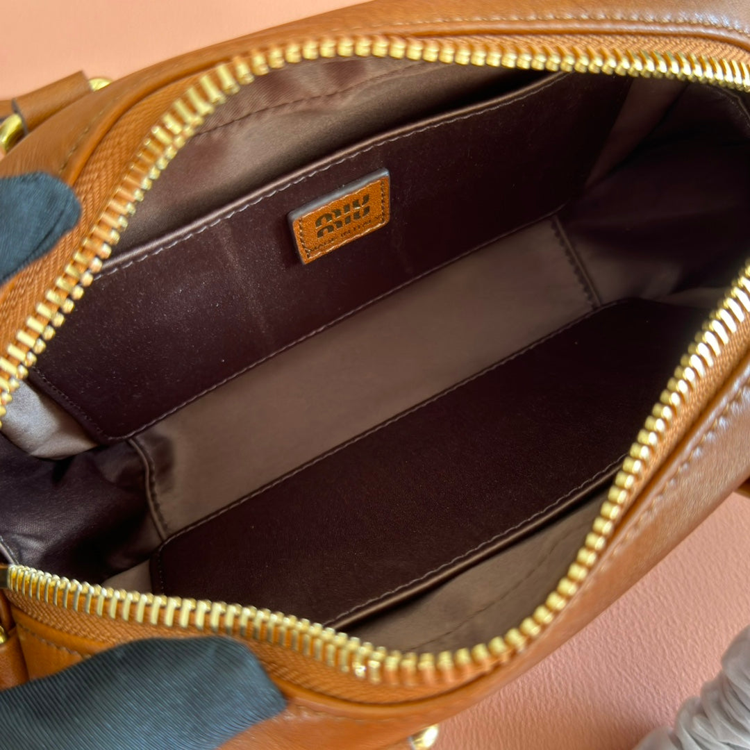 MIUMIU 26S ARCADIE BAG 19 IN TAN BROWN CALFSKIN GOLD HARDWARE