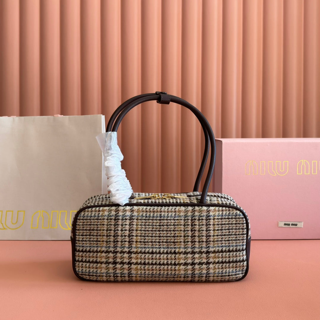 MIUMIU 26S BEAU CANVAS BAG 28 IN MULTICOLOR WOOL AND BROWN CALFSKIN
