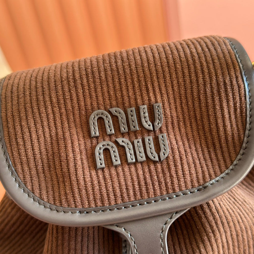 MIUMIU 26S BACKPACK 22 IN CHOCOLATE BROWN CANVAS BLACK CALFSKIN