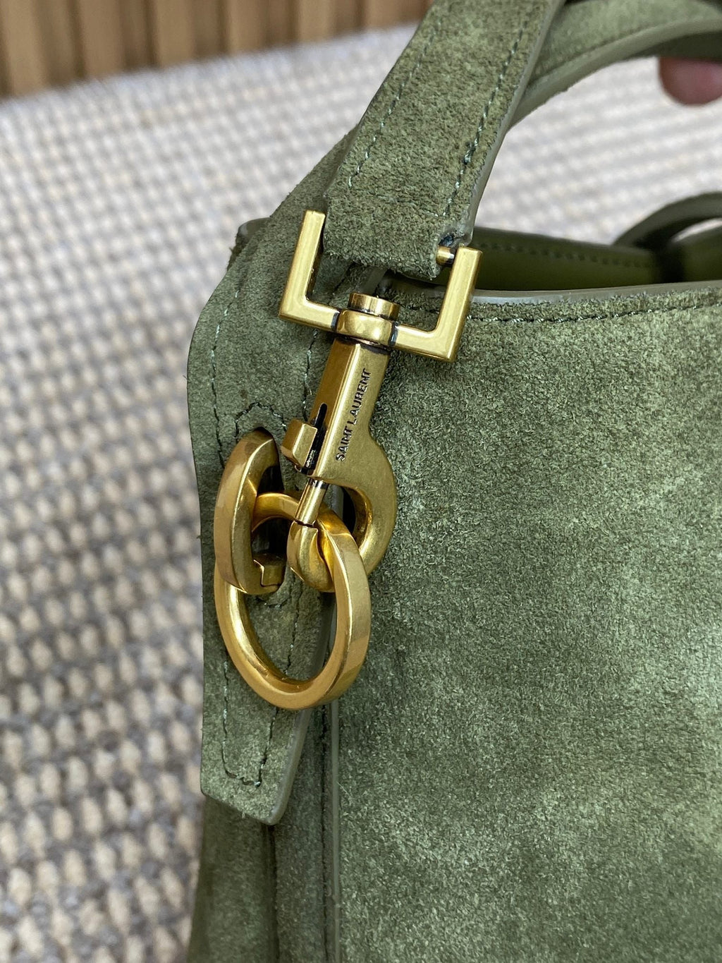 LE 37 SMALL BUCKET BAG 20 IN HUNTER GREEN SUEDE GOLD HARDWARE