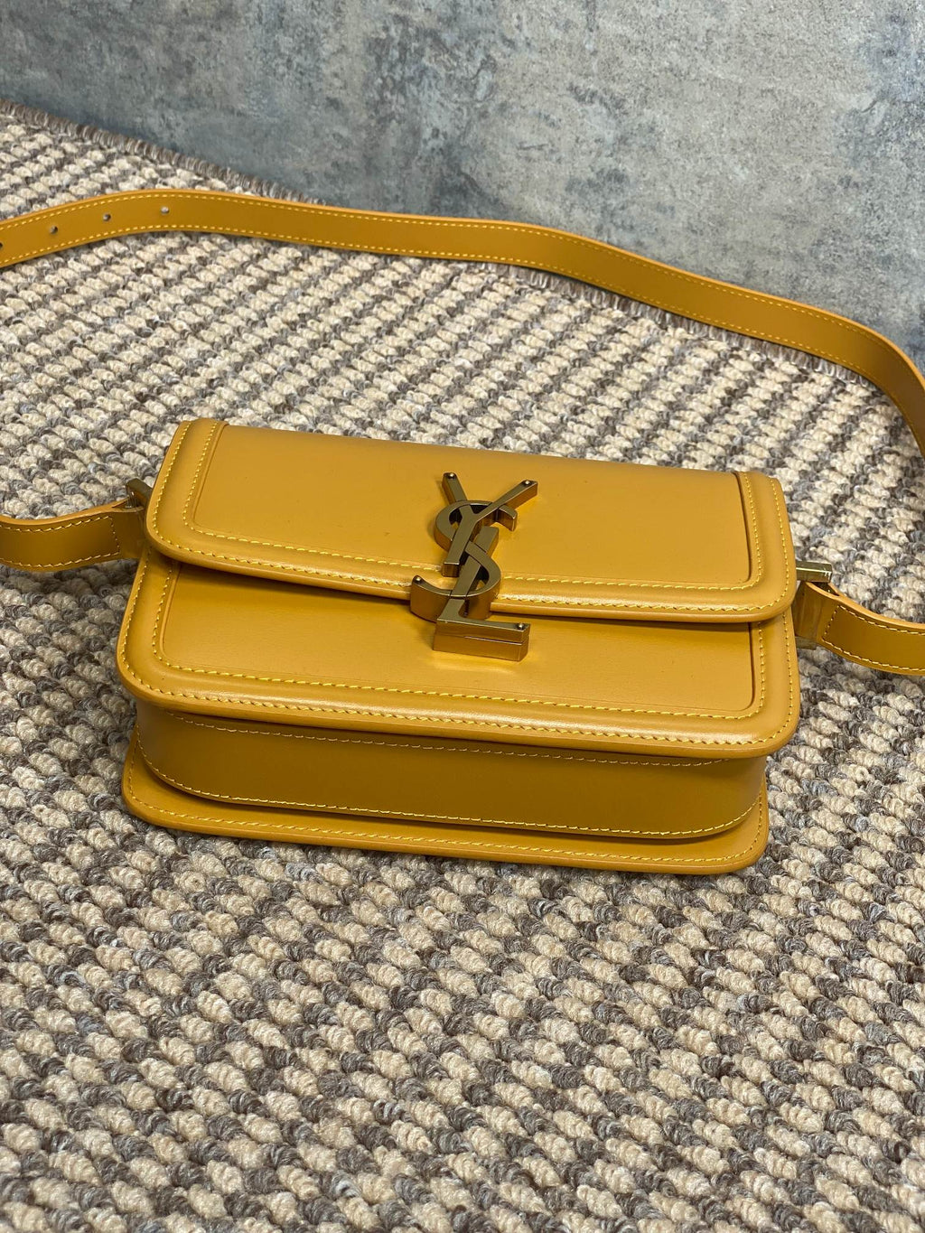 SOLFERINO SMALL SATCHEL 19 IN SAFFRON YELLOW CALFSKIN GOLD HARDWARE