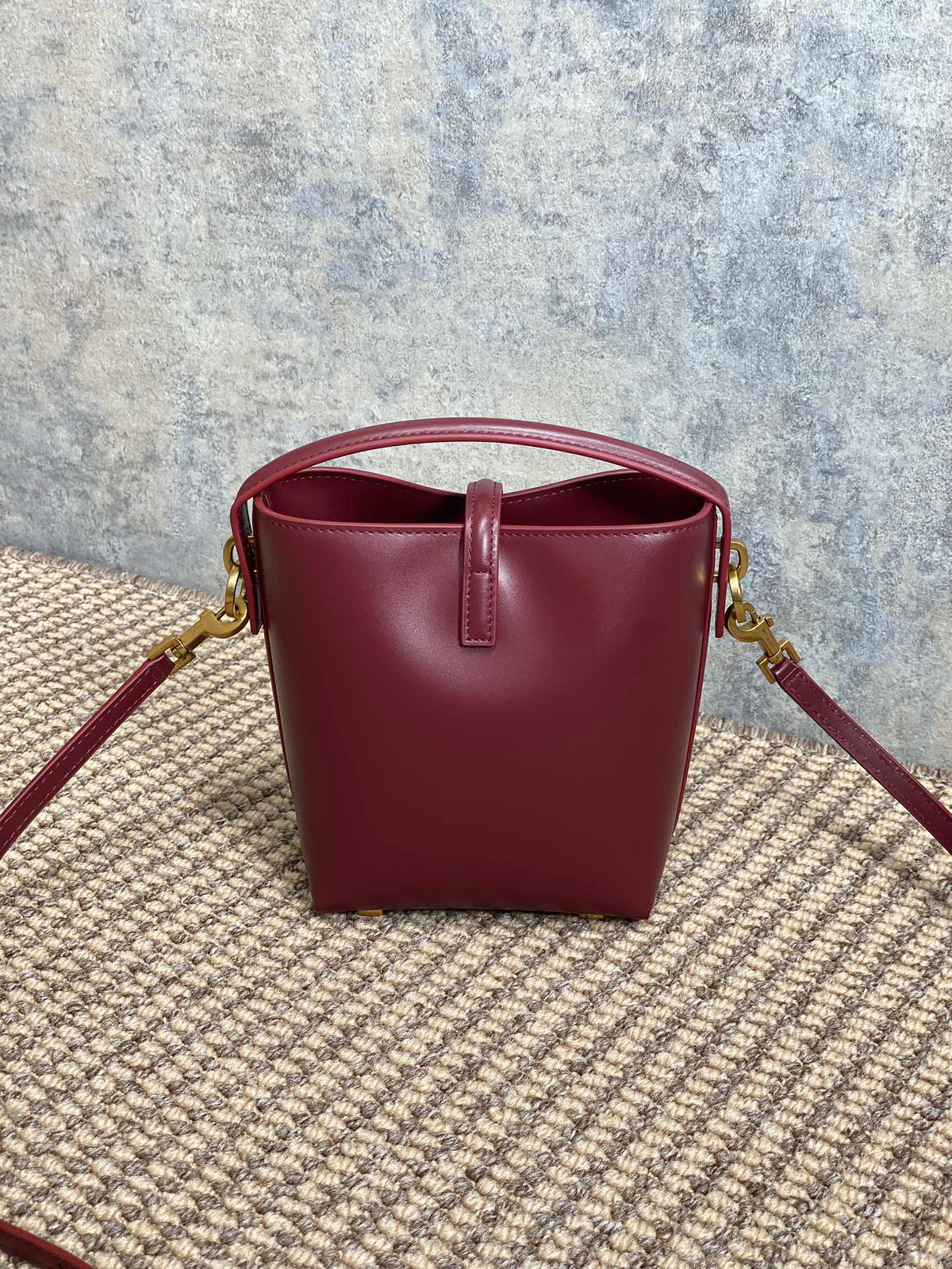 LE 37 MINI BUCKET BAG 15 IN BURGUNDY RED CALFSKIN GOLD HARDWARE