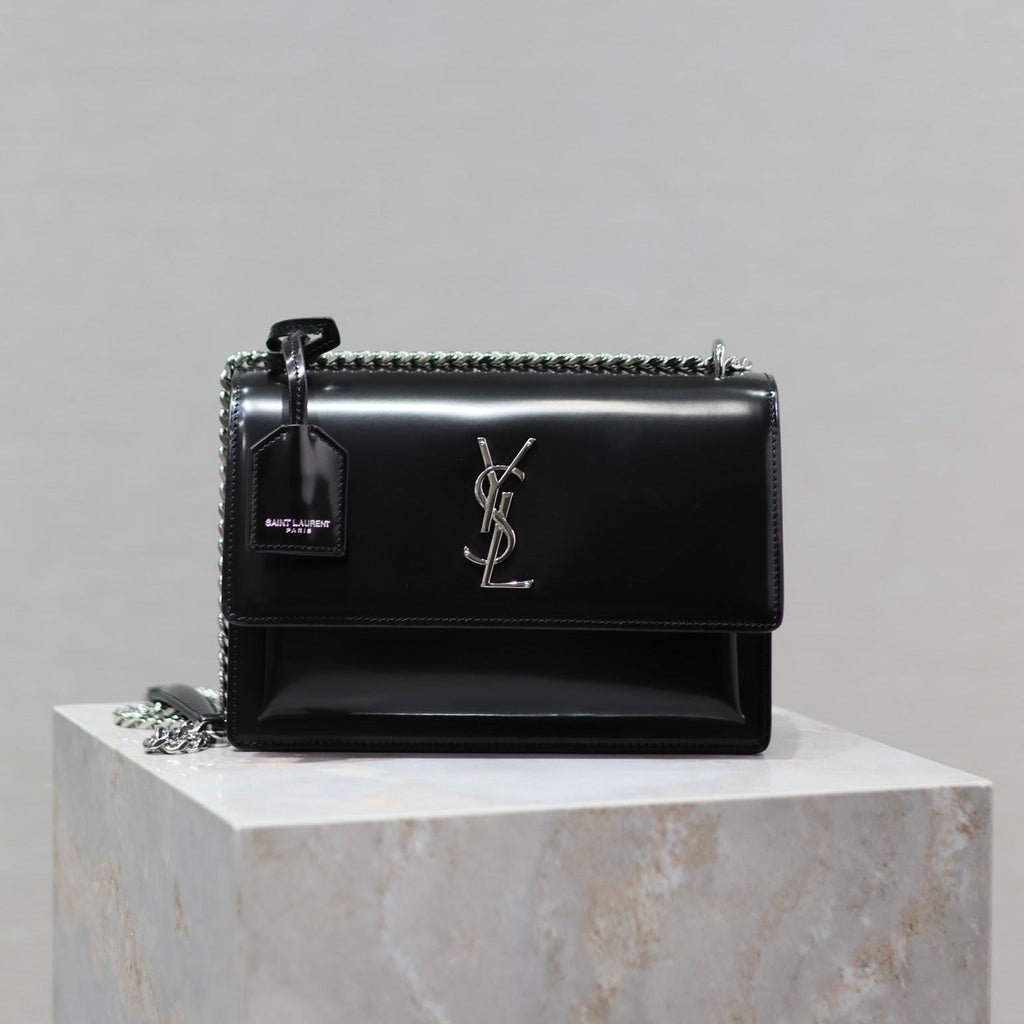 YSL 25S SUNSET MEDIUM 22 IN BLACK SHINY CALFSKIN SILVER HARDWARE