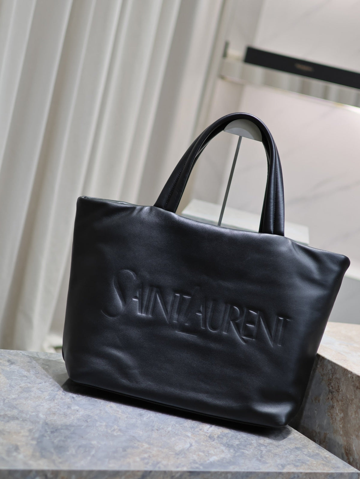 TOTE BAG 50 IN BLACK CALFSKIN WITH EMBOSSED LOGO