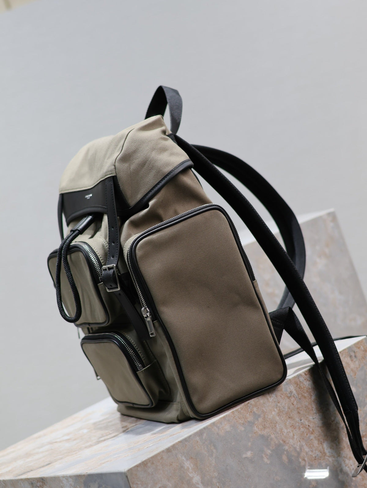 CITY MULTI-POCKET BACKPACK 42 IN KHAKI GREEN NYLON AND BLACK SMOOTH CALFSKIN