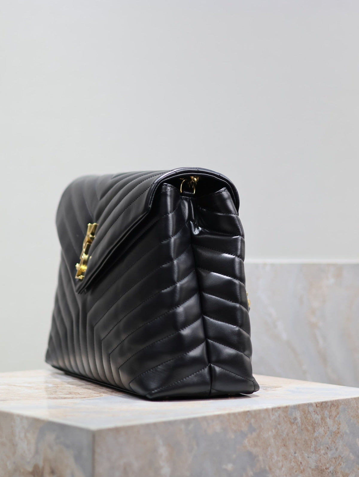 LOULOU LARGE 36 IN BLACK QUILTED CALFSKIN GOLD HARDWARE