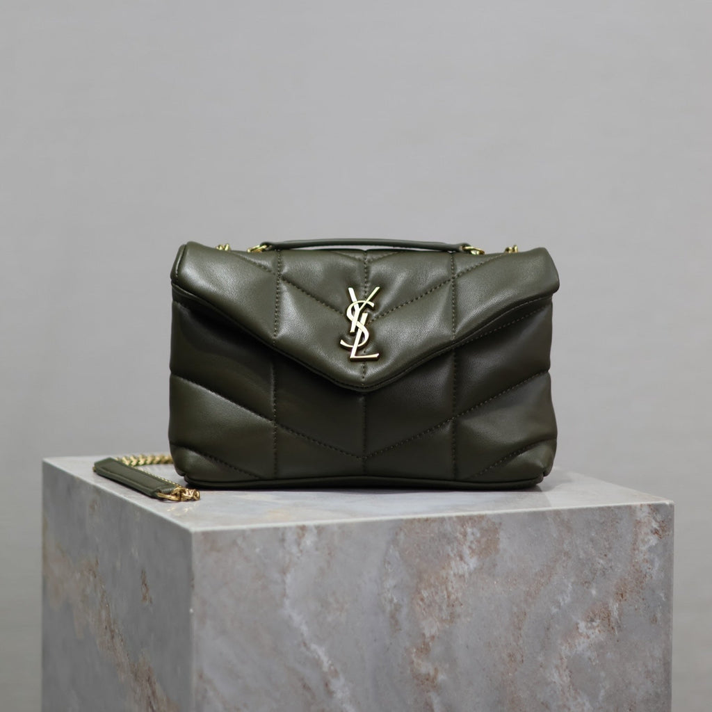YSL 25S LOULOU PUFFER MINI 23 IN DARK OLIVE CALFSKIN GOLD HARDWRE