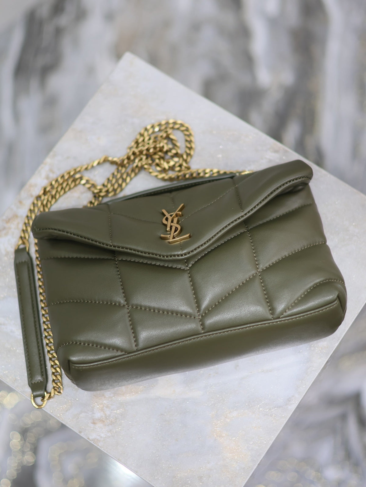 YSL 25S LOULOU PUFFER MINI 23 IN DARK OLIVE CALFSKIN GOLD HARDWRE