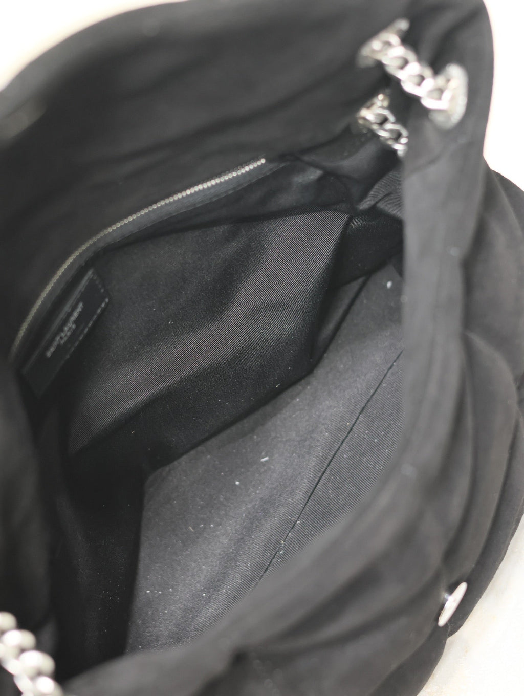YSL 25S LOULOU PUFFER GM 35 IN BLACK SUEDE SILVER HARDWRE