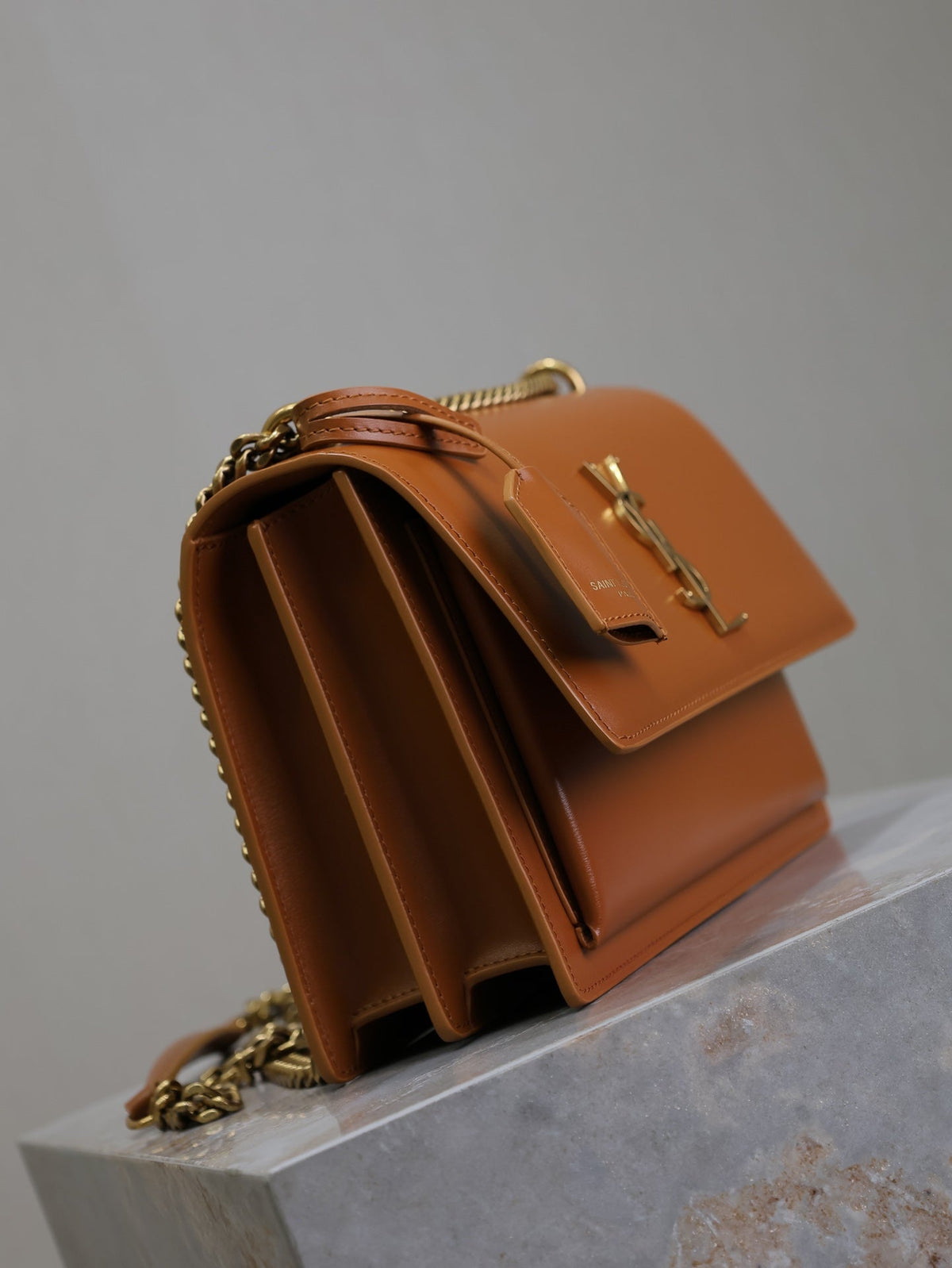 YSL 25S SUNSET BAG 22 IN DARK CARAMEL CALFSKIN GOLD HARDWRE
