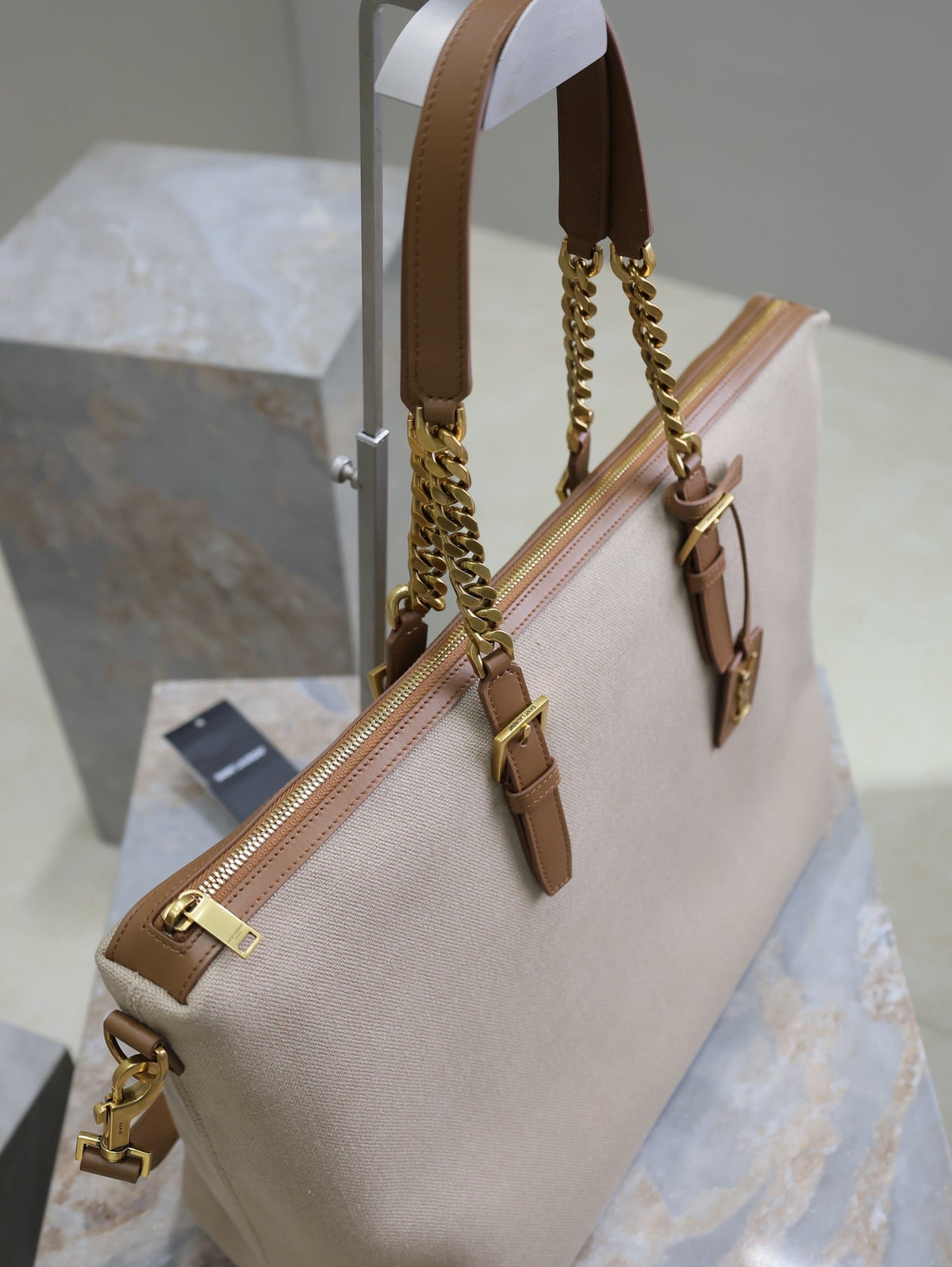 TRAVEL BAG 48 IN WHITE CANVAS AND BROWN LEATHER TRIM GOLD HARDWARE
