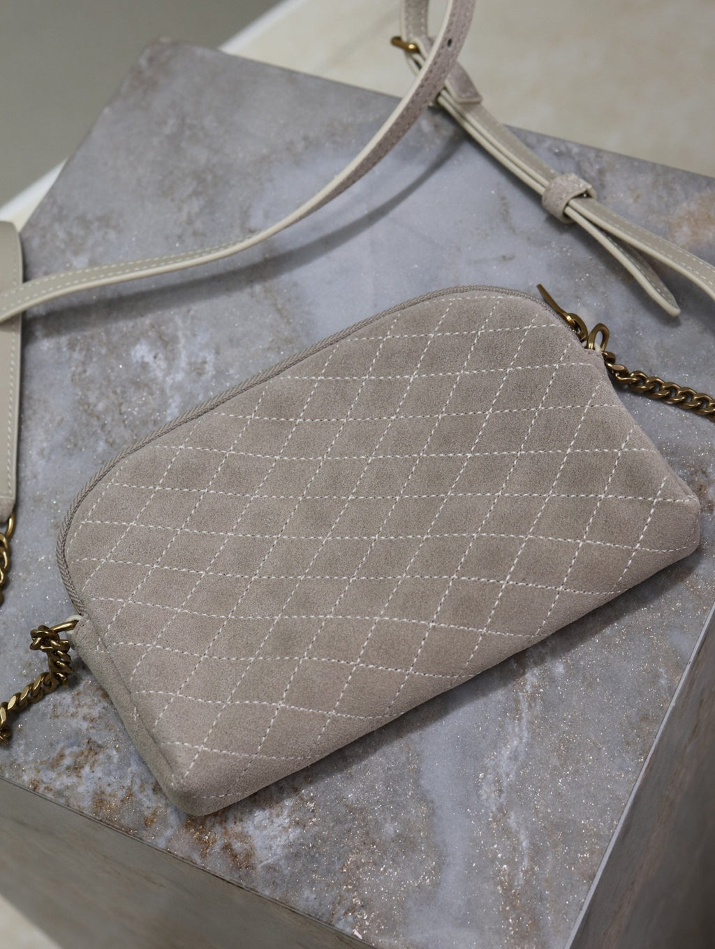 GABY ZIPPED POUCH 19 IN GRAY MATTE SUEDE GOLD HARDWARE