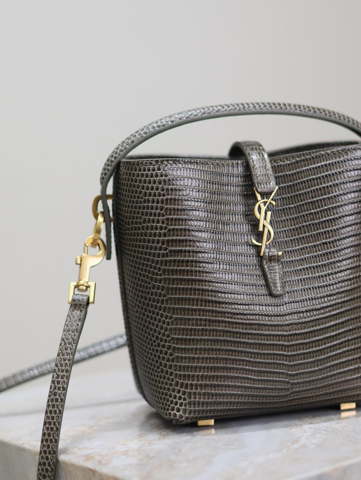 YSL 25S LE 37 MINI 15 IN BROWN LIZARD PATTERN CALFSKIN GOLD HARDWRE