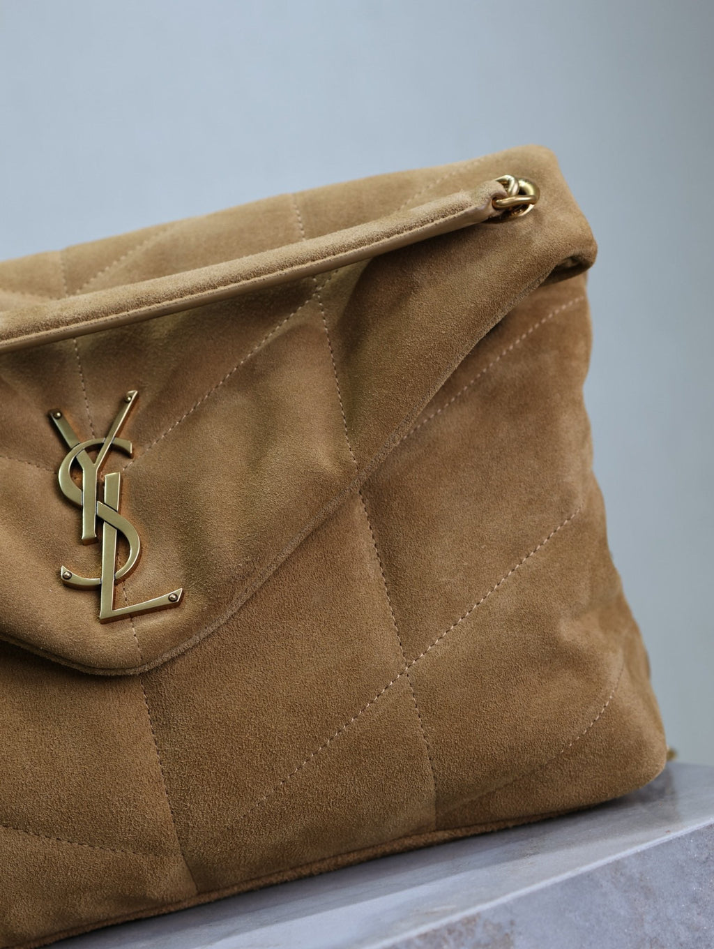 YSL 25S LOULOU PUFFER GM 35 IN TAN BROWN SUEDE GOLD HARDWRE