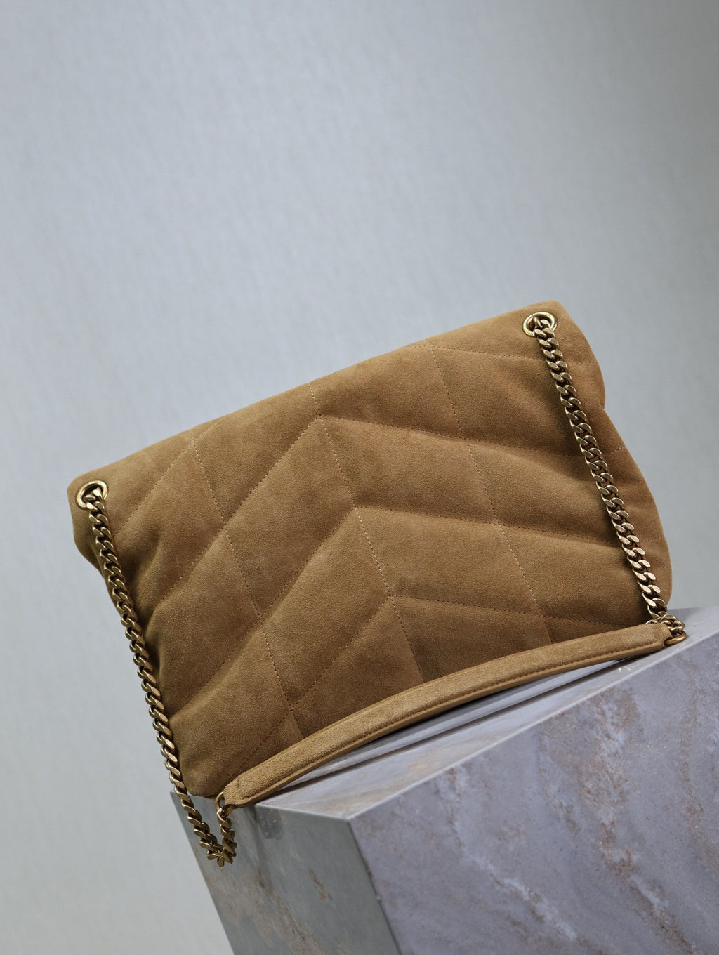 YSL 25S LOULOU PUFFER GM 35 IN TAN BROWN SUEDE GOLD HARDWRE