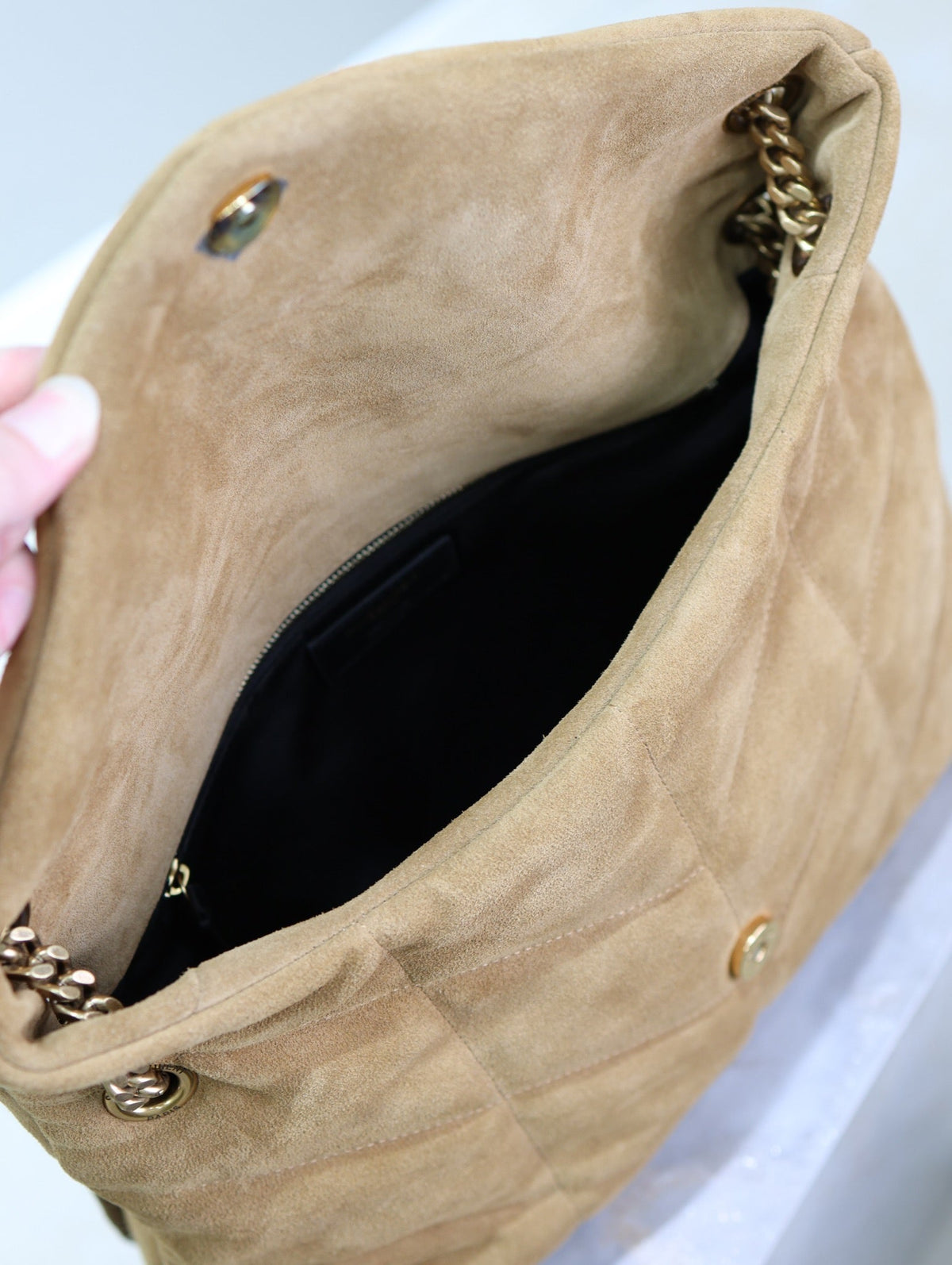 YSL 25S LOULOU PUFFER GM 35 IN TAN BROWN SUEDE GOLD HARDWRE