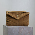 YSL 25S LOULOU PUFFER MM 29 IN TAN BROWN SUEDE GOLD HARDWRE