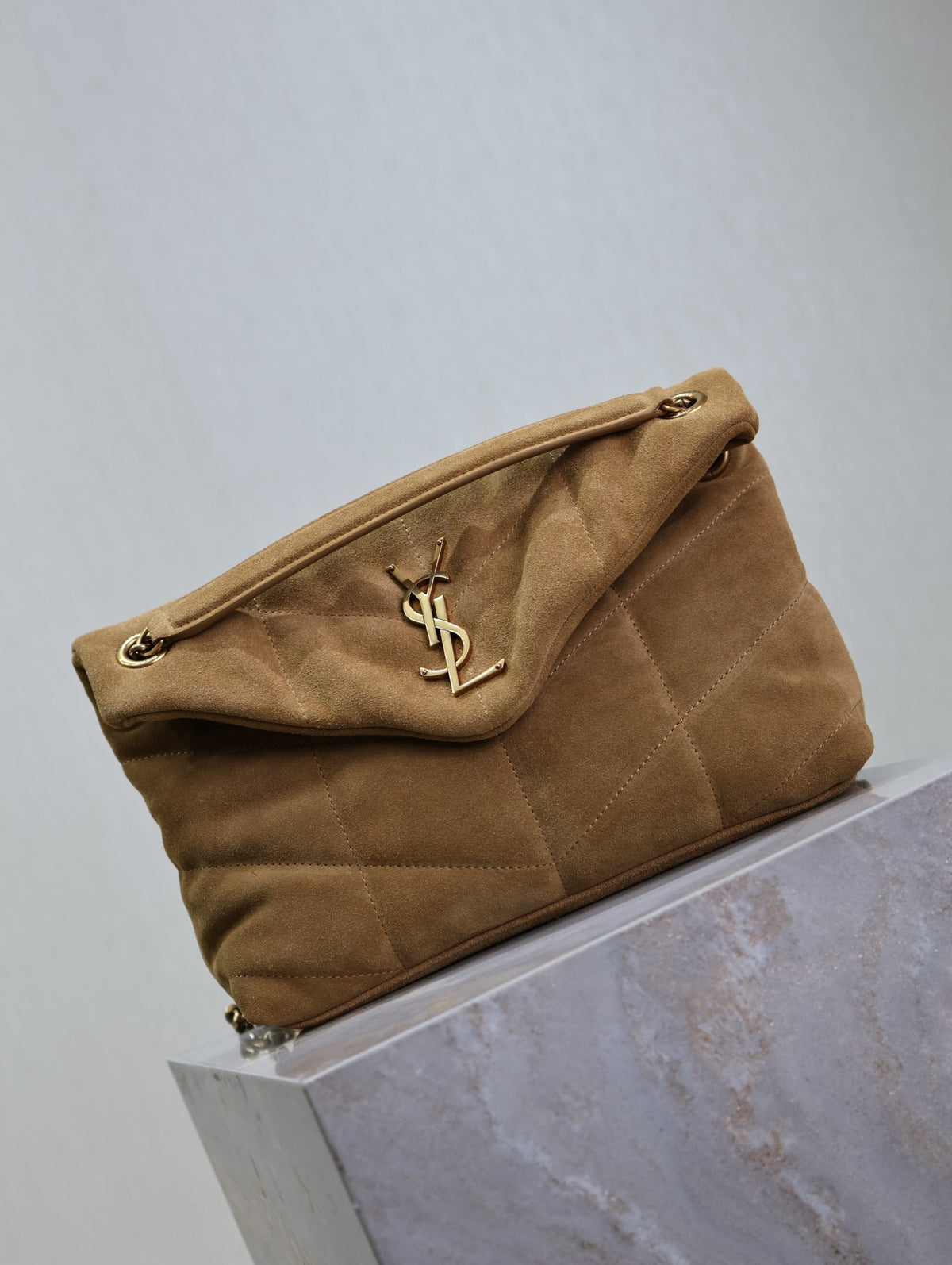 YSL 25S LOULOU PUFFER MM 29 IN TAN BROWN SUEDE GOLD HARDWRE