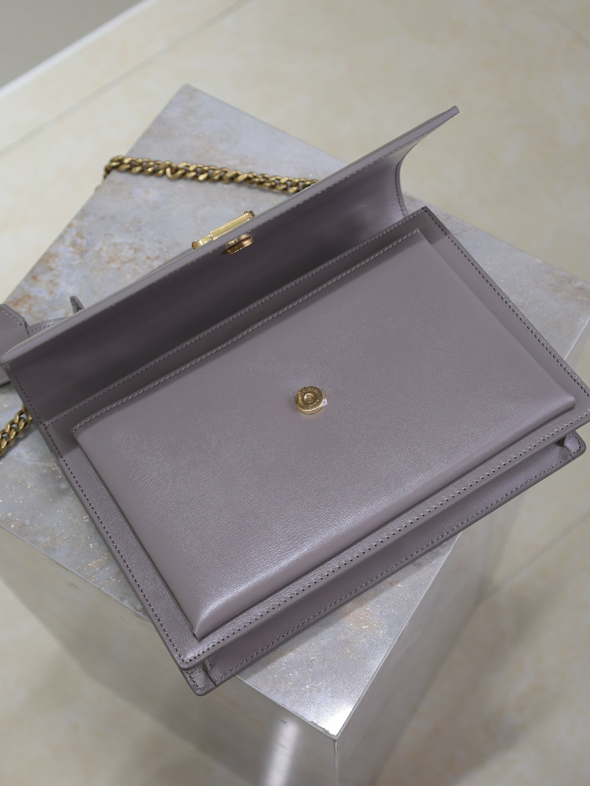 YSL 25S SUNSET MM 25 IN GRAYISH PURPLE CALFSKIN GOLD HARDWRE