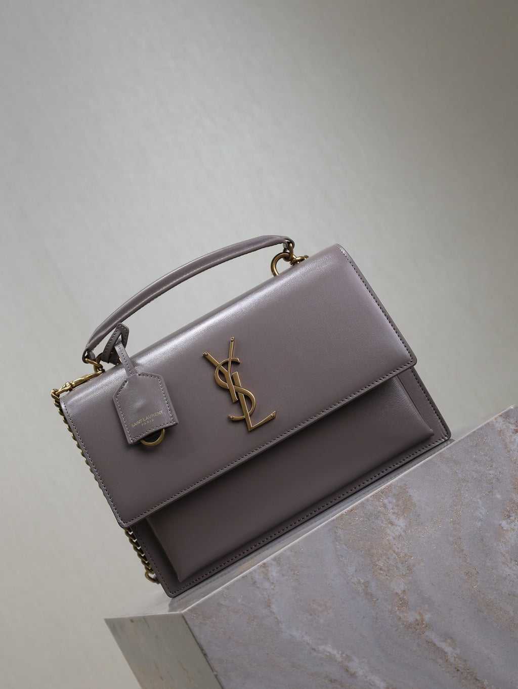 YSL 25S SUNSET MM 25 IN GRAYISH PURPLE CALFSKIN GOLD HARDWRE