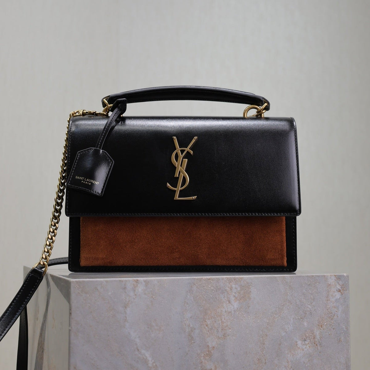 YSL 25S SUNSET MM 25 IN BLACK CALFSKIN AND CARAMEL SUEDE GOLD HARDWRE