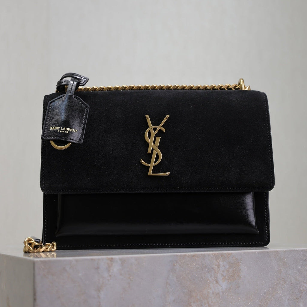 YSL 25S SUNSET BAG 22 IN BLACK CALFSKIN AND SUEDE GOLD HARDWRE