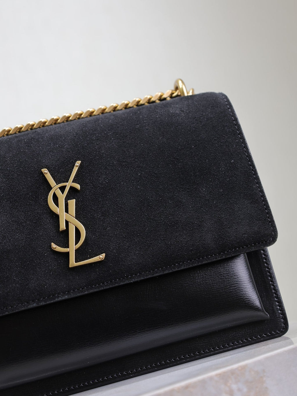 YSL 25S SUNSET BAG 22 IN BLACK CALFSKIN AND SUEDE GOLD HARDWRE