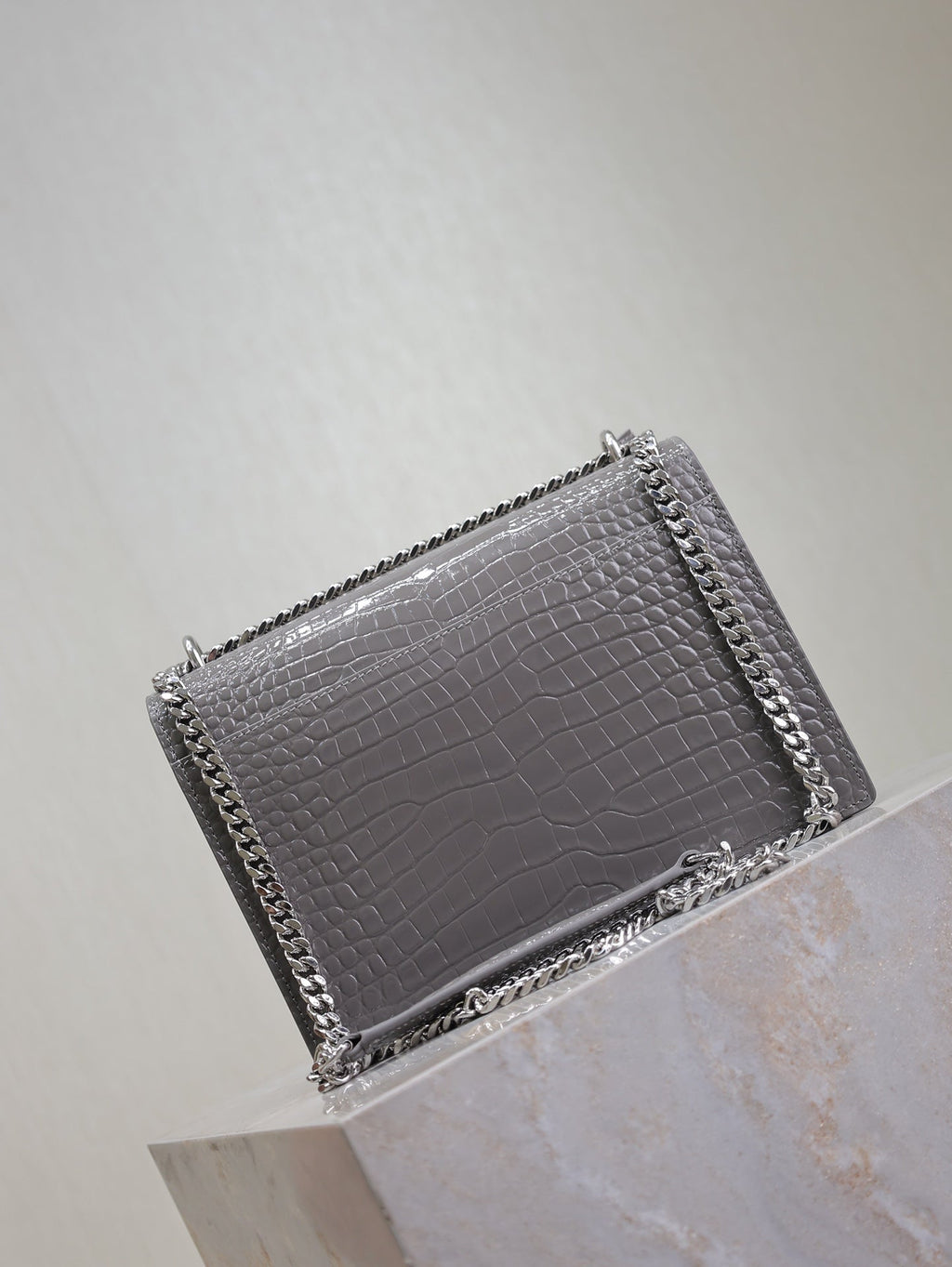 YSL 25S SUNSET MEDIUM 22 IN DARK GRAY CROCODILE-EMBOSSED SHINY CALFSKIN SILVER HARDWRE