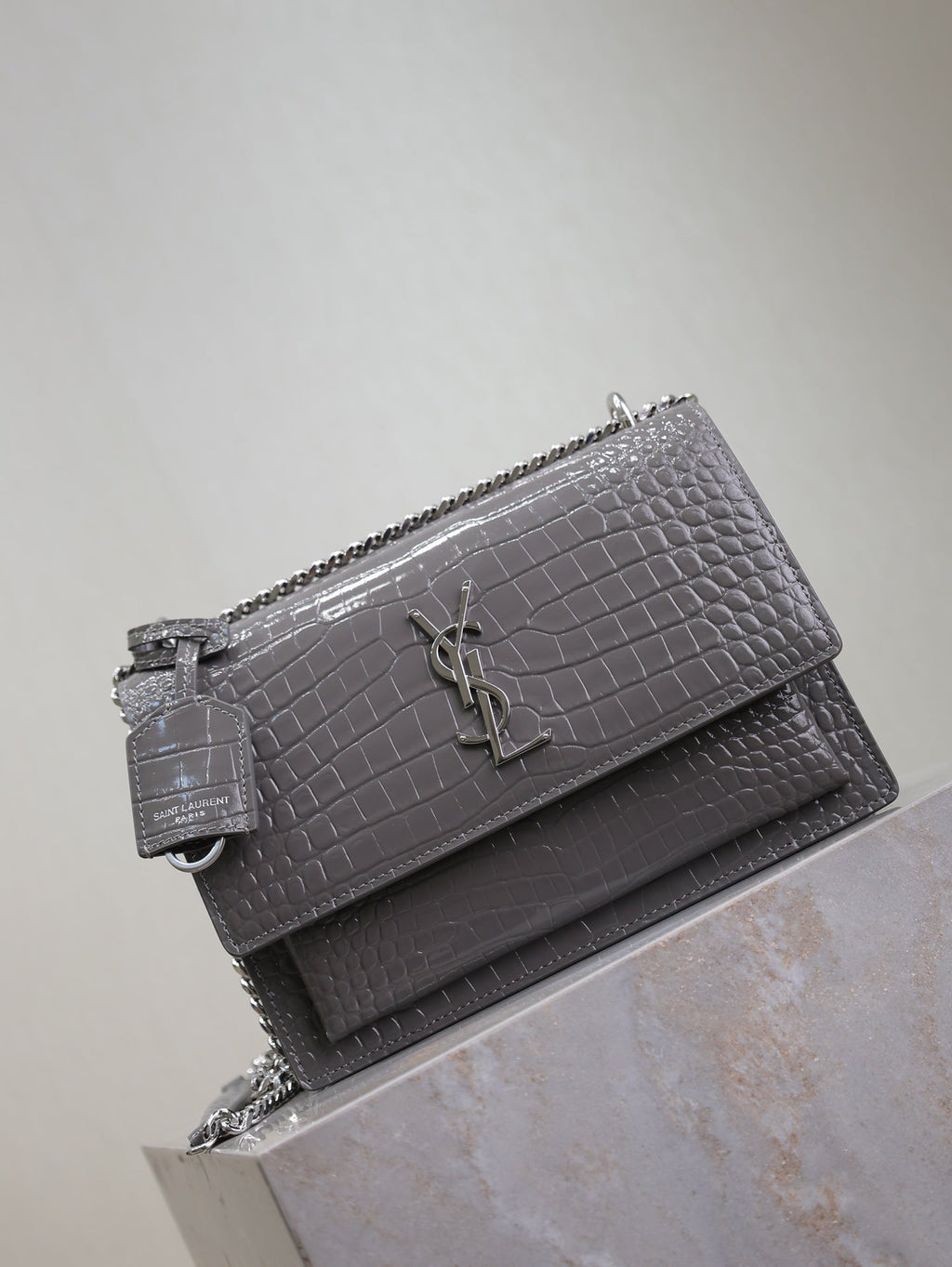YSL 25S SUNSET MEDIUM 22 IN DARK GRAY CROCODILE-EMBOSSED SHINY CALFSKIN SILVER HARDWRE