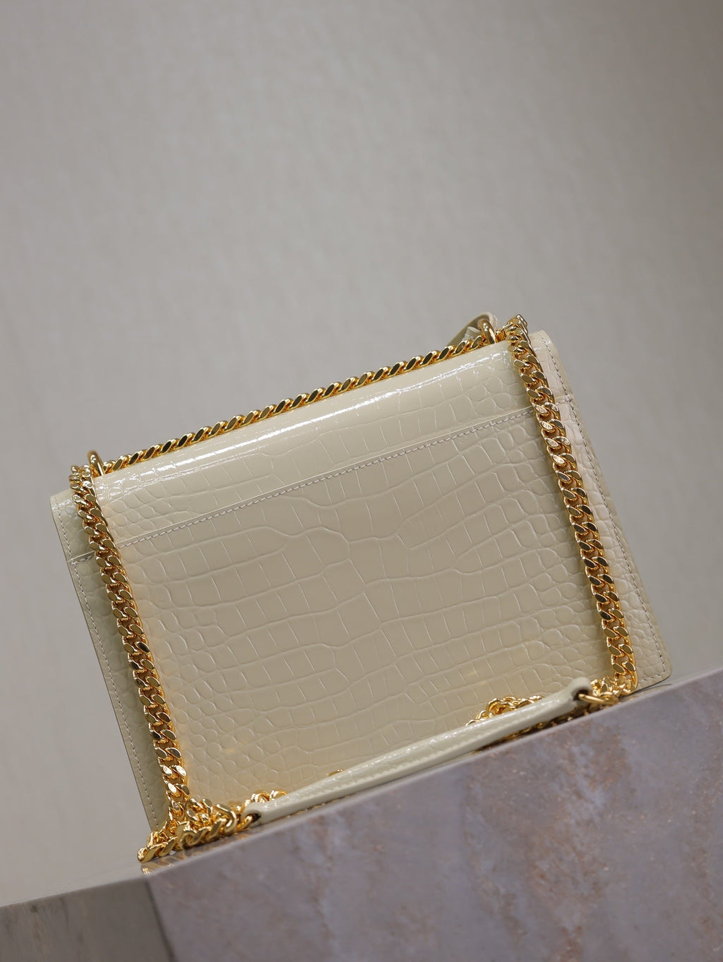 YSL 25S SUNSET MEDIUM 22 IN IVORY CROCODILE-EMBOSSED SHINY CALFSKIN GOLD HARDWRE