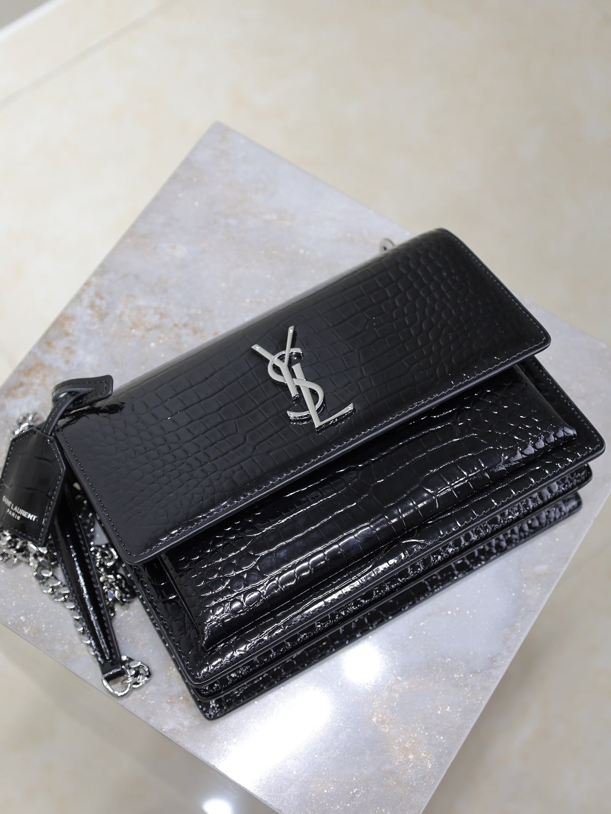 YSL 25S SUNSET MEDIUM 22 IN BLACK CROCODILE-EMBOSSED SHINY CALFSKIN SILVER HARDWRE
