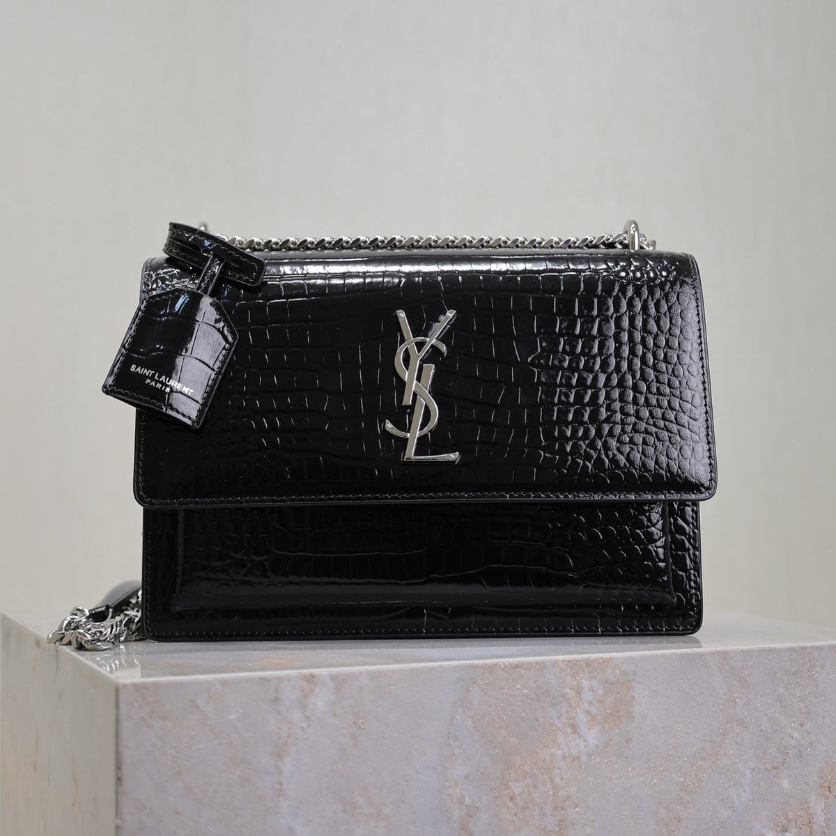 YSL 25S SUNSET MEDIUM 22 IN BLACK CROCODILE-EMBOSSED SHINY CALFSKIN SILVER HARDWRE