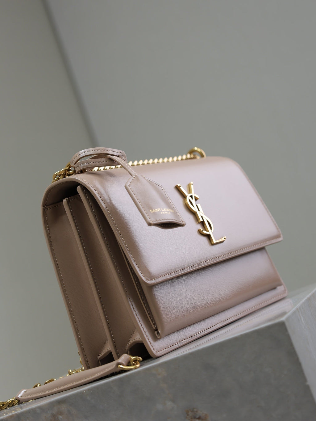YSL 25S SUNSET BAG 22 IN WARM TAUPE PINK CALFSKIN GOLD HARDWARE