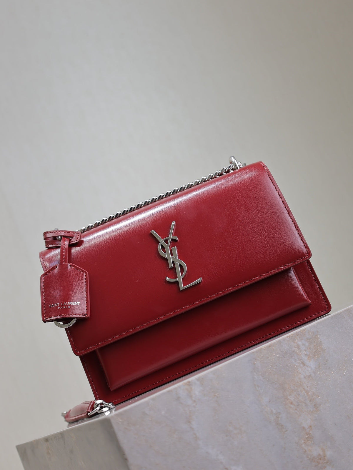 YSL 25S SUNSET BAG 22 IN CRIMSON RED CALFSKIN SILVER HARDWRE