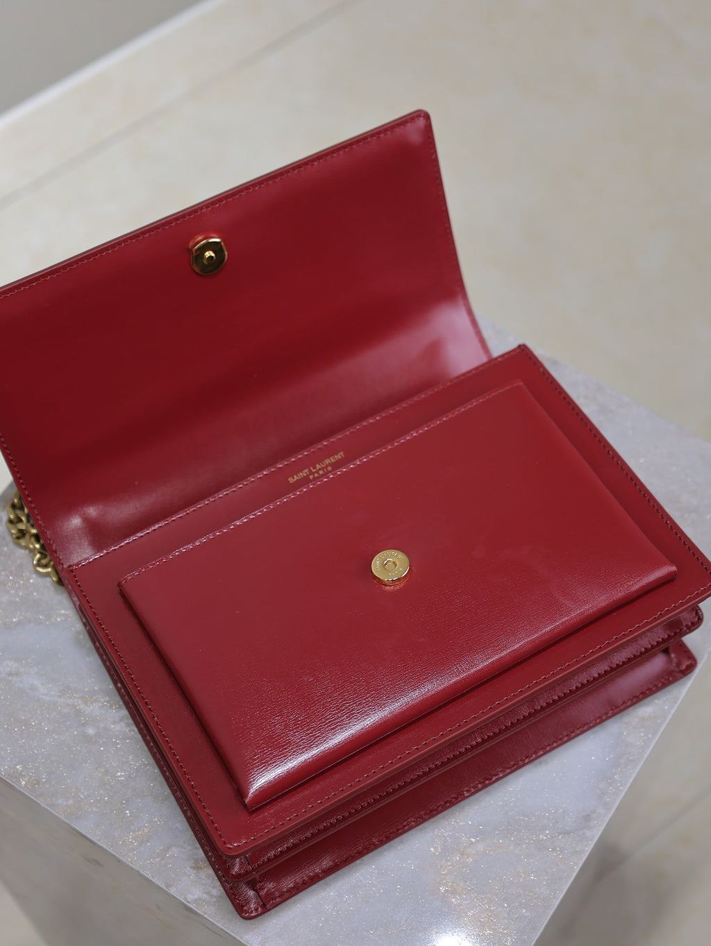 YSL 25S SUNSET BAG 22 IN CRIMSON RED CALFSKIN GOLD HARDWRE