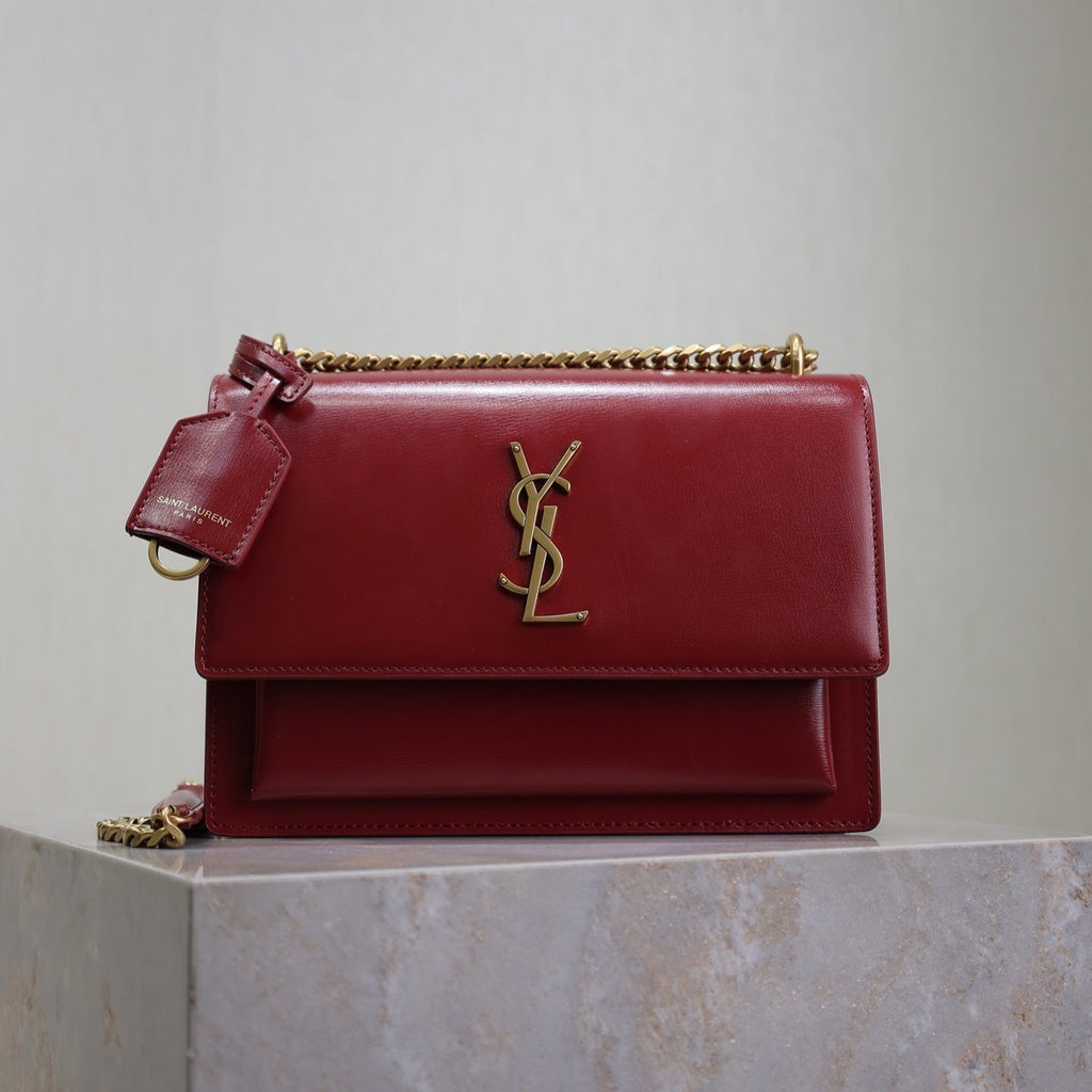 YSL 25S SUNSET BAG 22 IN CRIMSON RED CALFSKIN GOLD HARDWRE
