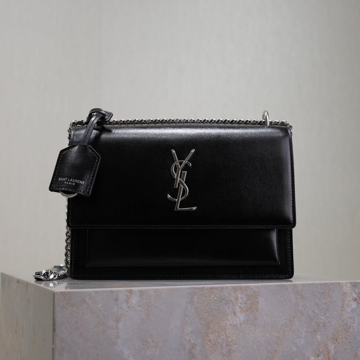 YSL 25S SUNSET BAG 22 IN BLACK CALFSKIN SILVER HARDWRE