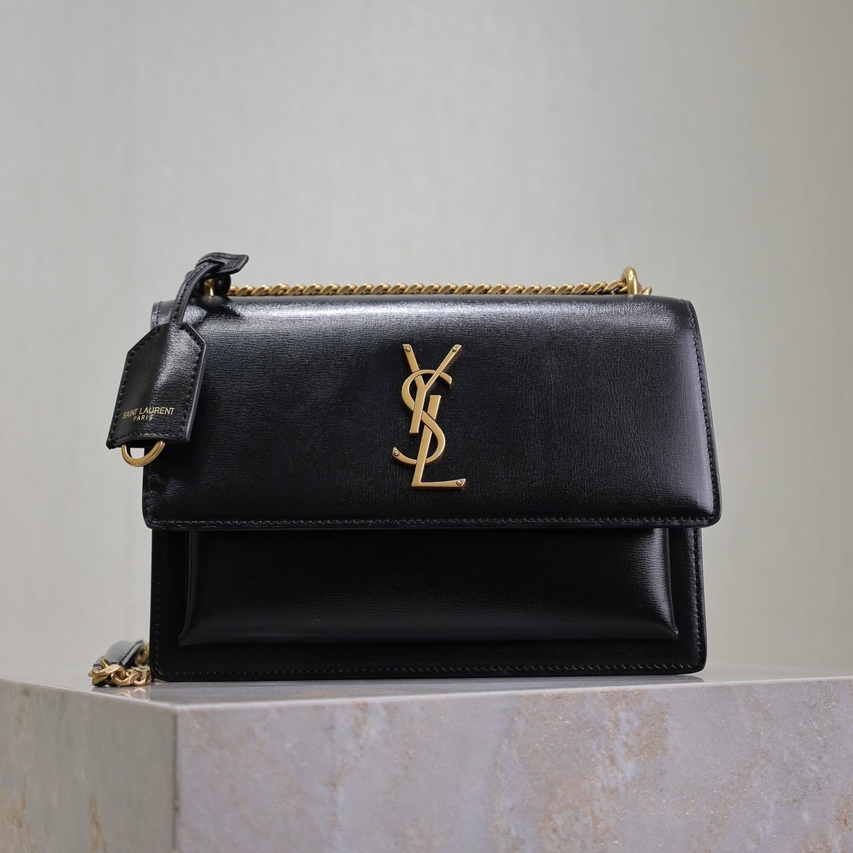 YSL 25S SUNSET BAG 22 IN BLACK CALFSKIN GOLD HARDWRE