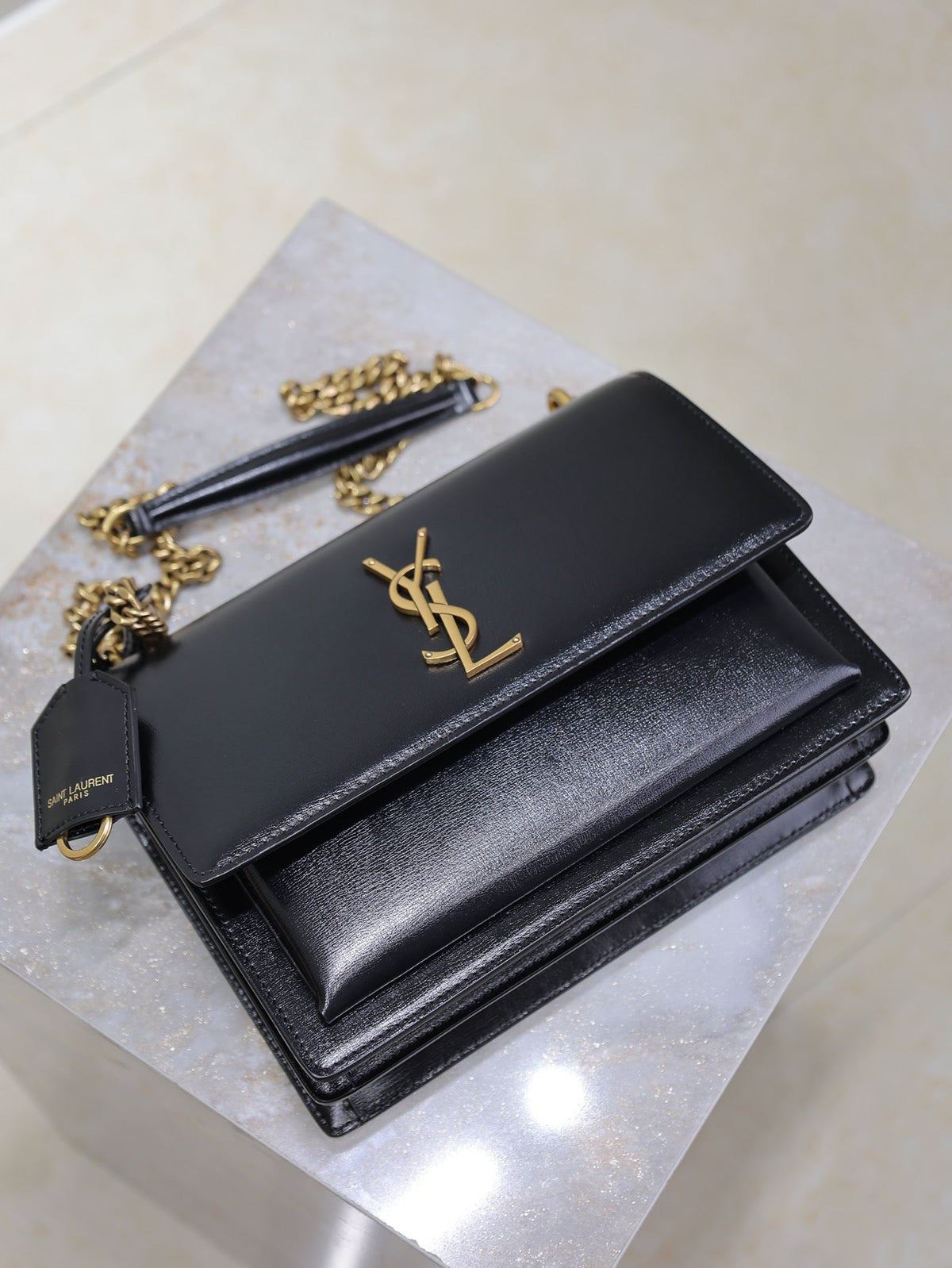 YSL 25S SUNSET BAG 22 IN BLACK CALFSKIN GOLD HARDWRE