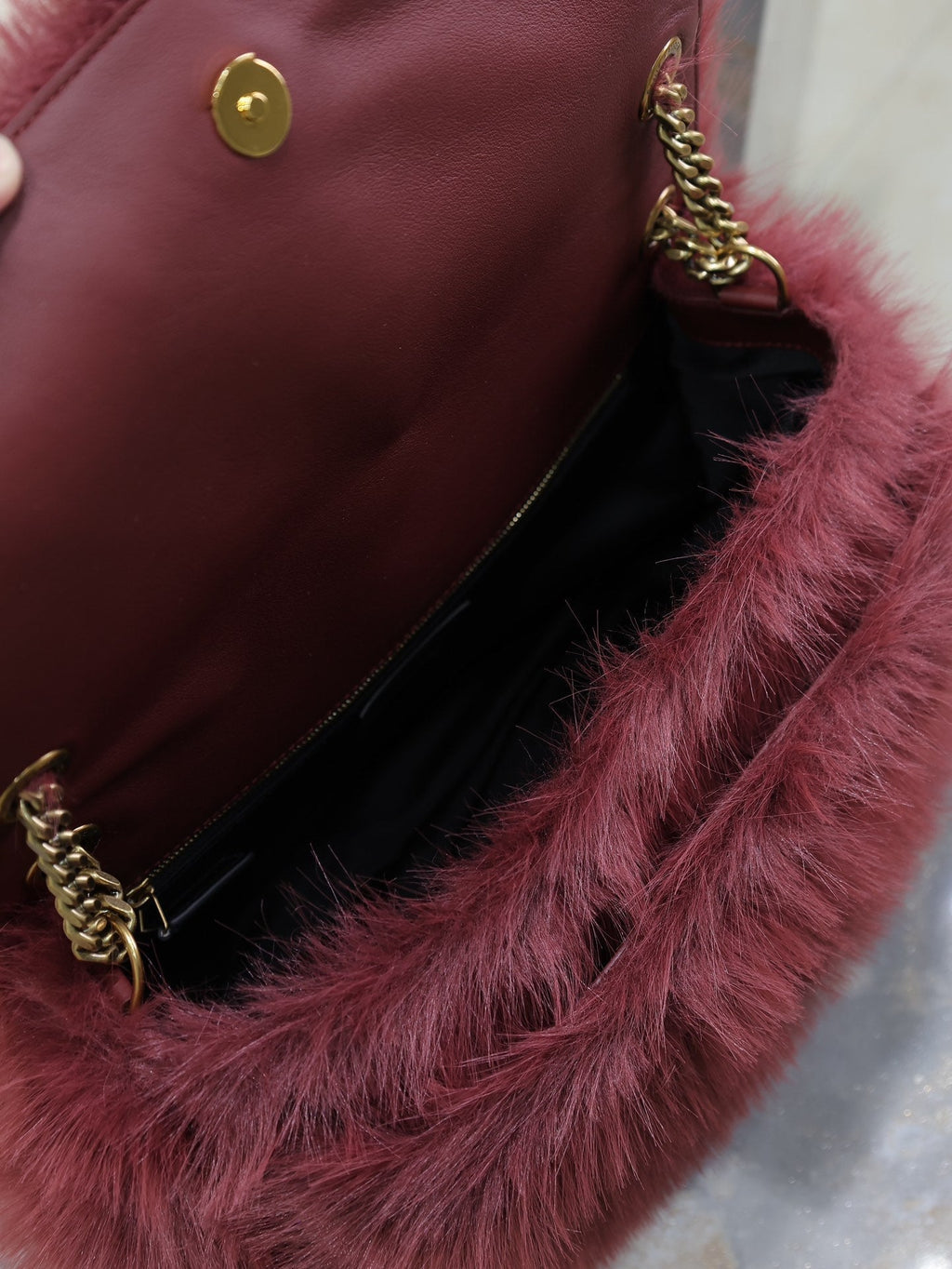 NIKI LARGE 32 IN CURRANT RED RABBIT FUR GOLD HARDWARE