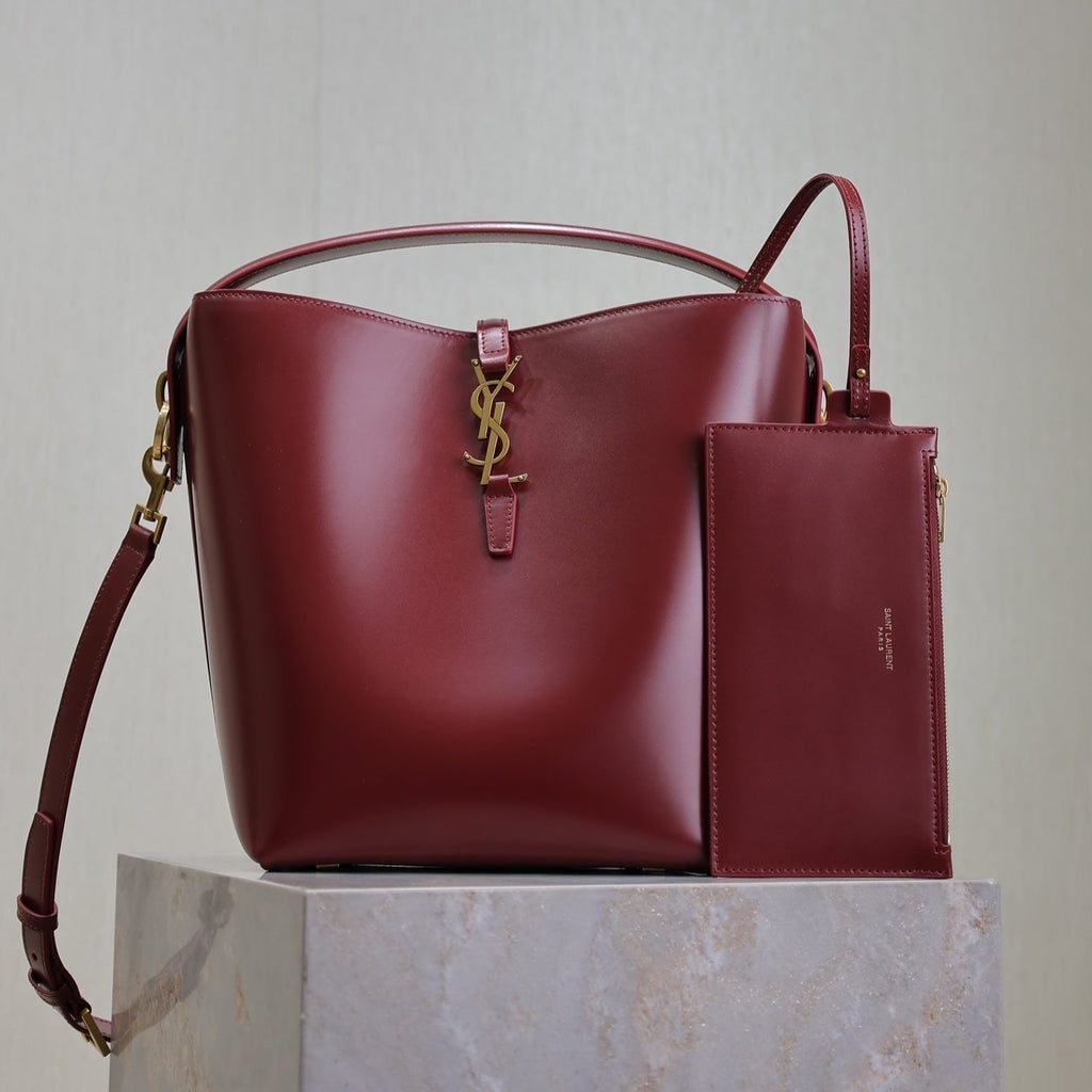 YSL 25S LE 5 À 7 BUCKET 26 IN DARK BURGUNDY CALFSKIN GOLD HARDWRE