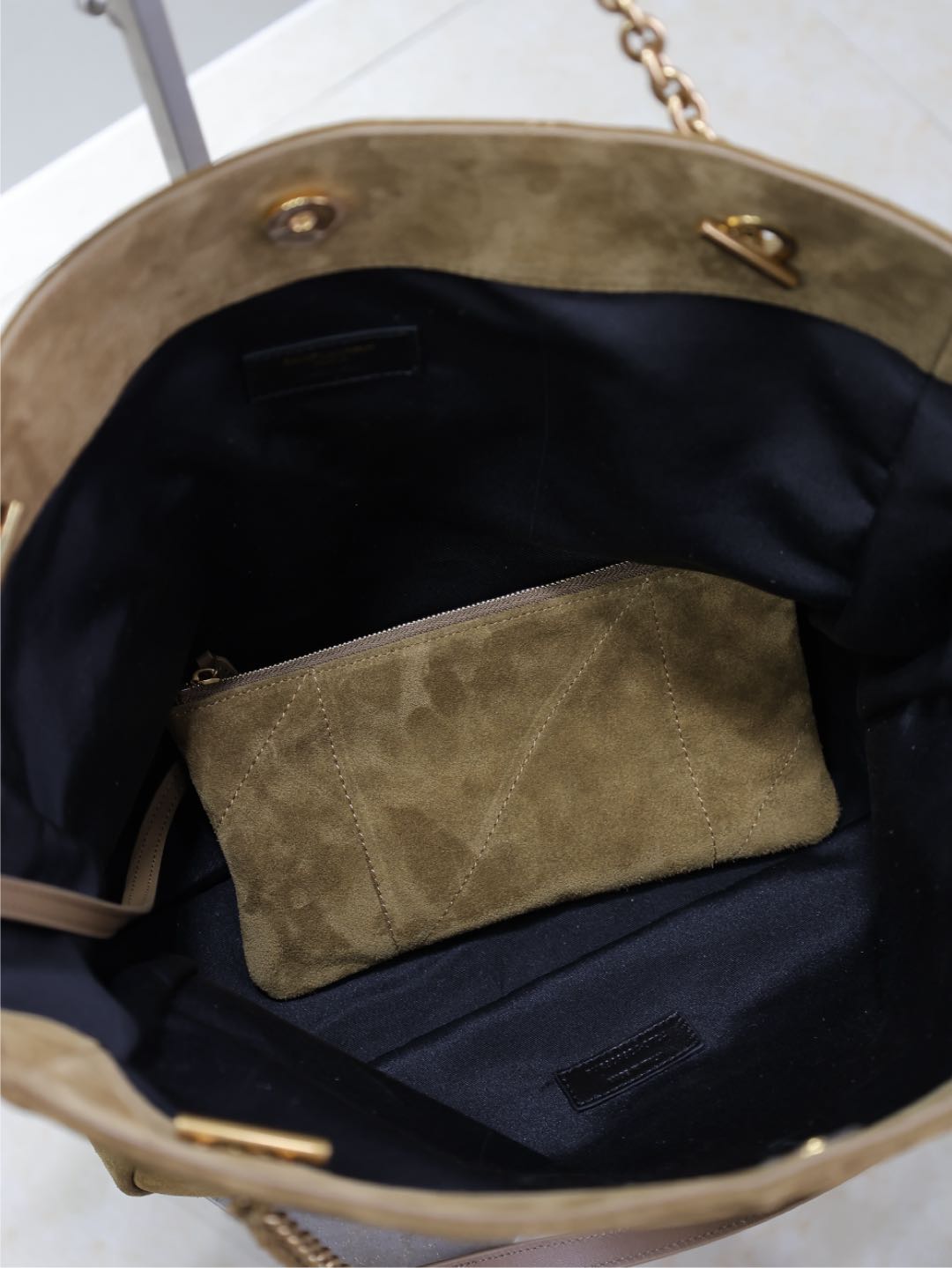 YSL NIKI TOTE BAG 34 IN CAMEL BROWN SUEDE GOLD HARDWARE
