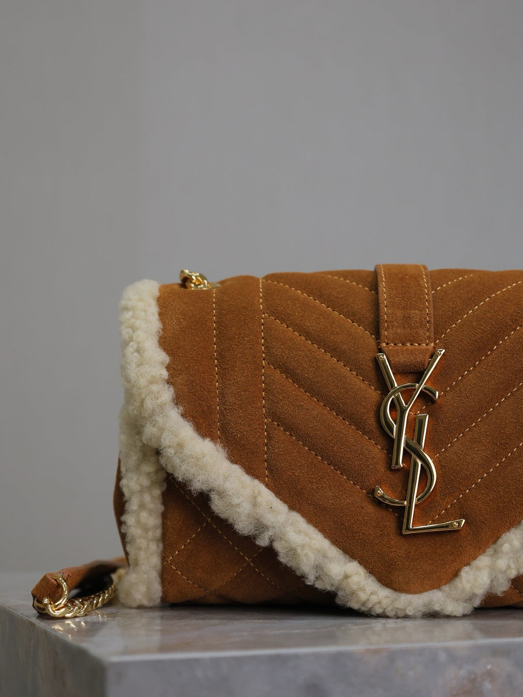 ENVELOPE CHAIN BAG 21 IN BRONZE BROWN SUEDE AND WHITE SHEARLING TRIM GOLD HARDWARE